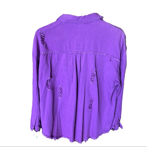 Women's Large Purple Distressed Denim Button-Up Shacket Jacket Shirt Boutique - Picture 2 of 3